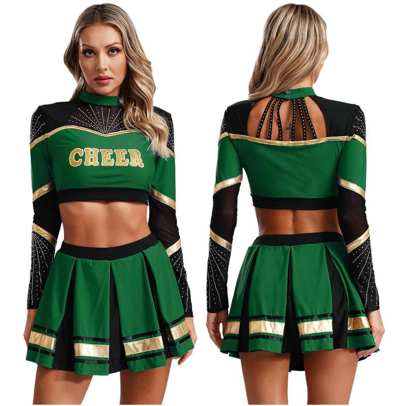 Cheerleader-Kostüme für Damen, Cheerleading-Uniformen, langärmeliges bauchfreies Top, plissierter A-Linien-Minirock, Performance-Tanzkleid XXL von Joom DACH