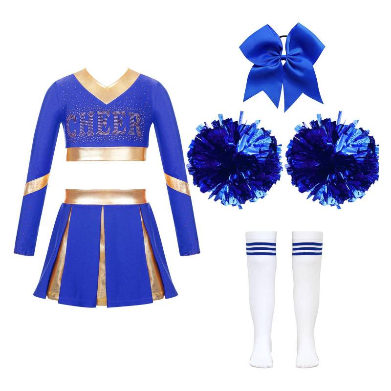 Cheerleading-Kostüm für Mädchen, langärmelig, bauchfreies Top mit Rock, Pompons, Socken, Halloween-Kostüm, Karnevalsparty-Outfits 5-6 Years blau von Joom DACH