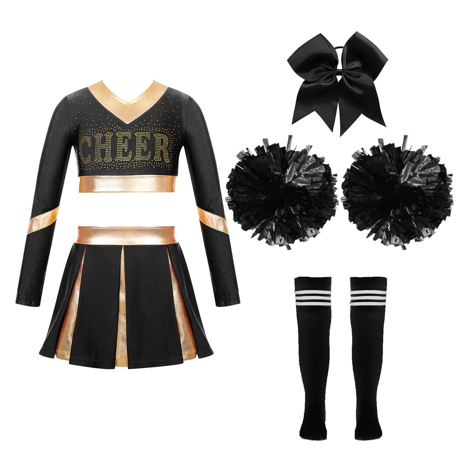 Cheerleading-Kostüm für Mädchen, langärmelig, bauchfreies Top mit Rock, Pompons, Socken, Halloween-Kostüm, Karnevalsparty-Outfits 5-6 Years schwarz von Joom DACH