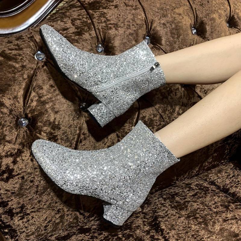 Chelsea-Stiefel mit Pailletten für Damen, runde Zehenpartie, klobiger Absatz, weich gepolsterte Innensohle, elegante, schicke Kurzstiefel für Herbst und Winter 39 silber von Joom DACH
