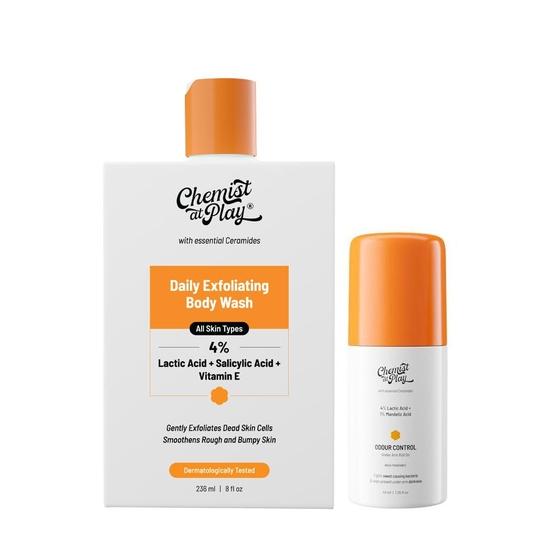 Chemist At Play Exfolierendes Duschgel + Achsel-Roll-On, Aqua-Duft | Verhindert trockene, raue, pickelige Haut | Für Männer & Frauen | 236ml + 40ml von Joom DACH