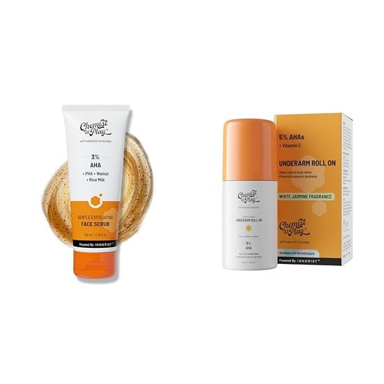 Chemist At Play Sanftes Peeling für das Gesicht mit Mandelsäure & Walnüssen für Frauen & Männer | 100ml Achsel-Roll-On-Deodorant mit 5% AHA | 40ml von Joom DACH