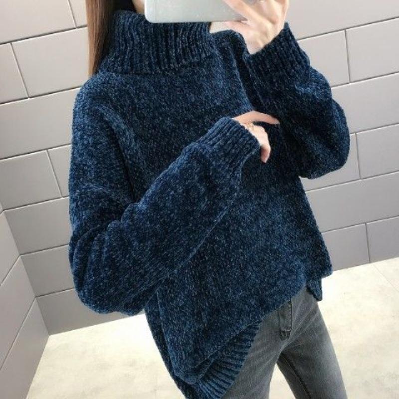 Chenille Rollkragenpullover Damen Herbstpullover Locker Mode Gestricktes Unterhemd XL navy blau von Joom DACH