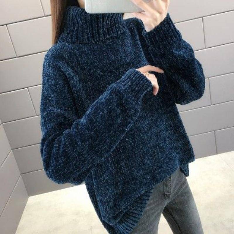 Chenille Rollkragenpullover Damen Herbstpullover Locker Mode Gestricktes Unterhemd XXXL navy blau von Joom DACH