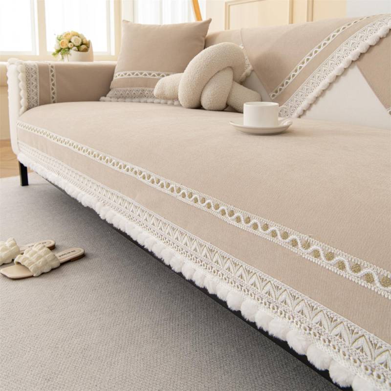 Chenille Sofakissenbezug mit flauschigem Dekor für alle Jahreszeiten, universeller rutschfester Sofasitzbezug, Überwurf, Sofa-Handtuch 70*70cm beige von Joom DACH