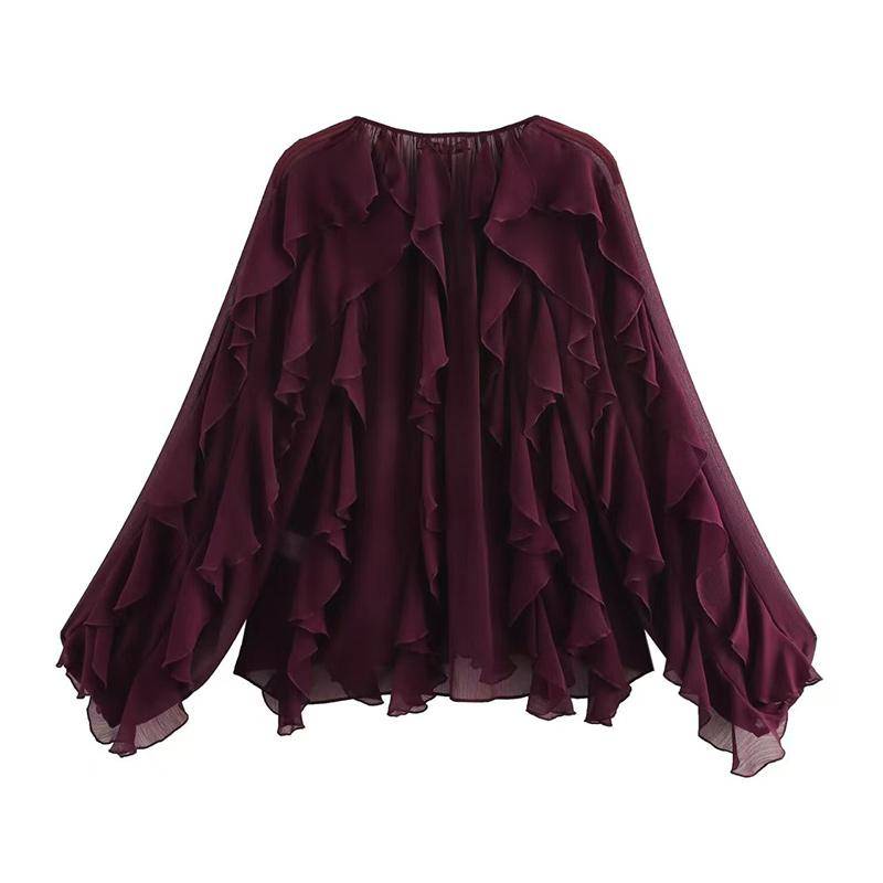 Chic Chiffon Rüschen Hemd Frauen Elegante Lose V-ausschnitt Langarm Shirts Weibliche 2025 Frühling Urlaub Street Lady Bluse Tops M von Joom DACH