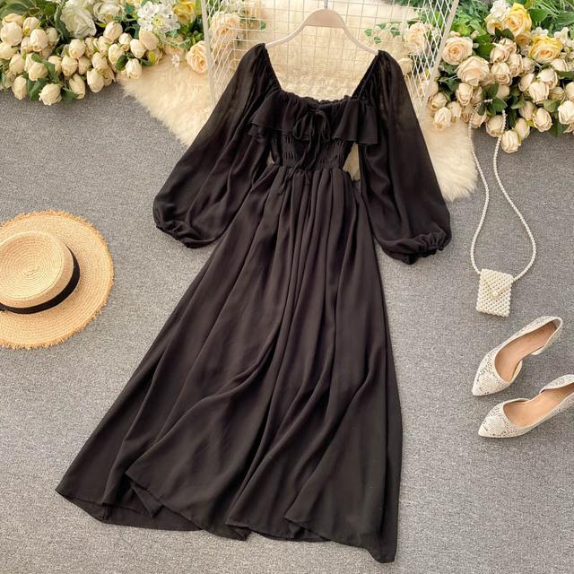 Chic Elegante Quadratische Kragen Maxi Kleid Frauen Solide Chiffon Puff Sleeve Kleider Koreanische Mode Vintage Rüschen Vestidos One Size schwarz von Joom DACH