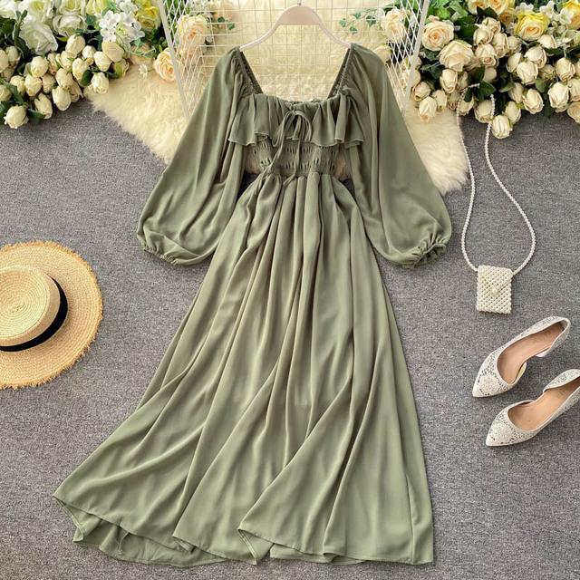 Chic Elegante Quadratische Kragen Maxi Kleid Frauen Solide Chiffon Puff Sleeve Kleider Koreanische Mode Vintage Rüschen Vestidos One Size grün von Joom DACH