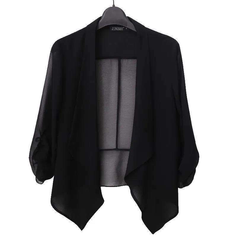 Chiffon-Cardigan für Damen im Frühling und Sommer über einem kurzen Oberteil mit dünnem Anzugkragen 5XL von Joom DACH