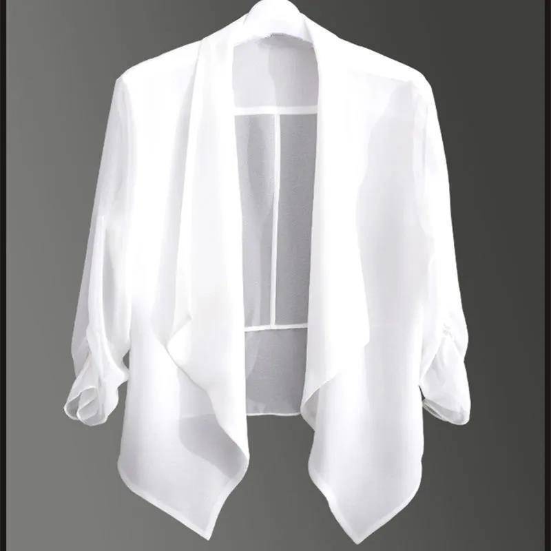 Chiffon-Cardigan für Damen im Frühling und Sommer über einem kurzen Oberteil mit dünnem Anzugkragen L weiß Chiffon-Cardigan für Damen im Frühling und Sommer über einem kurzen Oberteil mit dünnem Anzugkragen L weiß von Joom DACH