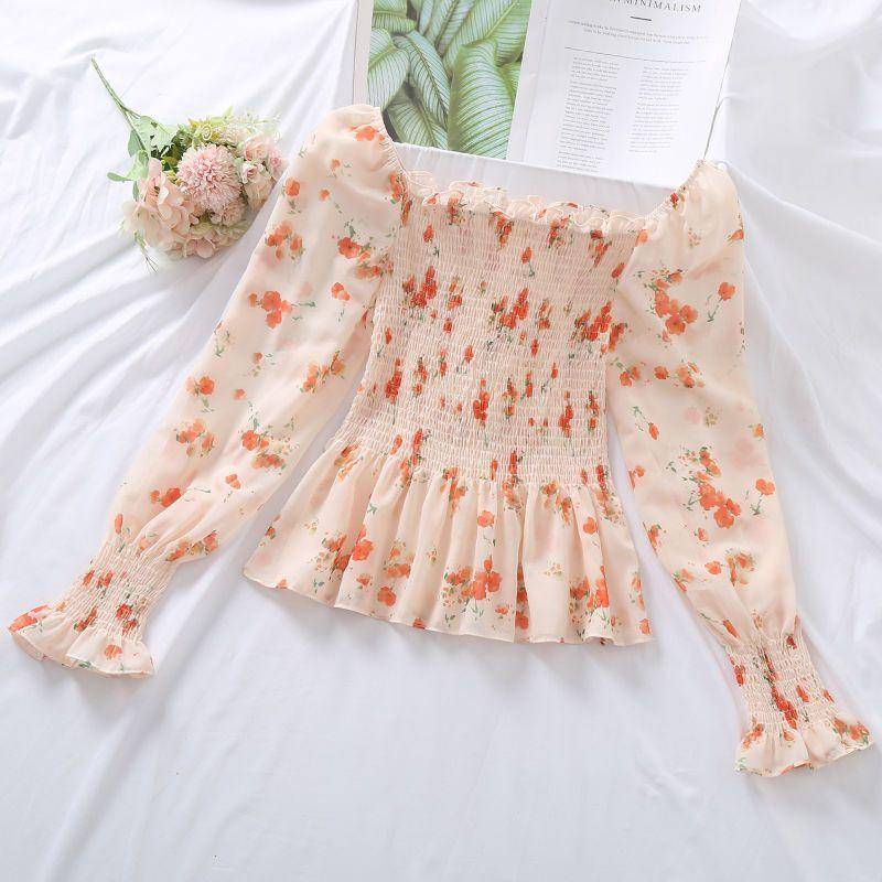 Chiffonhemd mit Puffärmeln für Damen, eng anliegende Bluse mit quadratischem Ausschnitt, süße, gebrochene Blume, langärmeliges Oberteil, elastische Taille, lässiger Sommer M rosa von Joom DACH