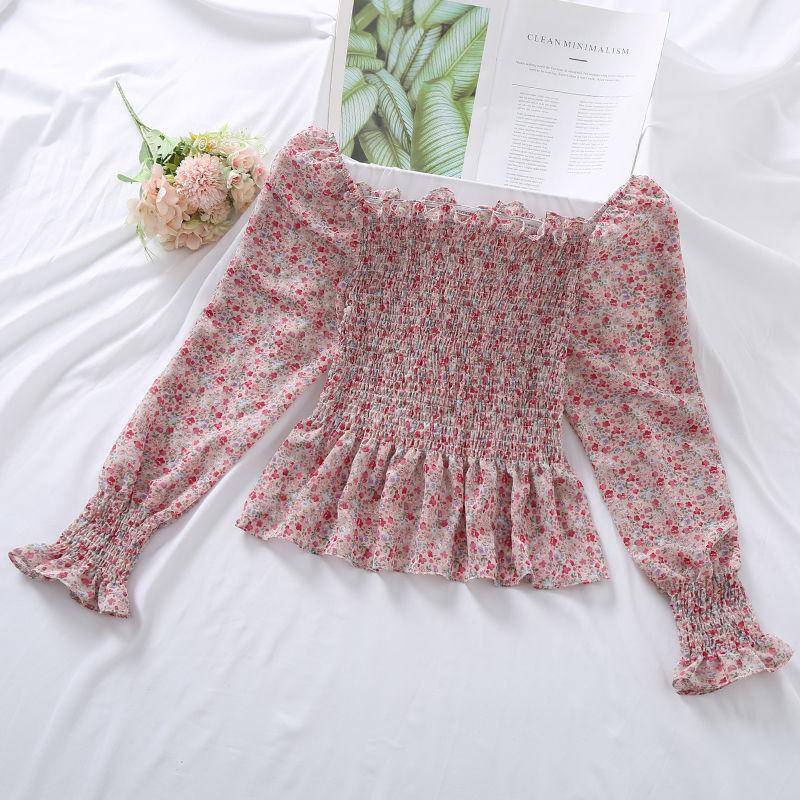 Chiffonhemd mit Puffärmeln für Damen, eng anliegende Bluse mit quadratischem Ausschnitt, süße, gebrochene Blume, langärmeliges Oberteil, elastische Taille, lässiger Sommer S violett von Joom DACH