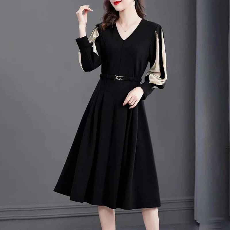 Chiffonkleid Damen Patchwork Langarm Mittellanges Kleid Schwarzes Kleid Sommer Oversized Kleid 5XL schwarz von Joom DACH