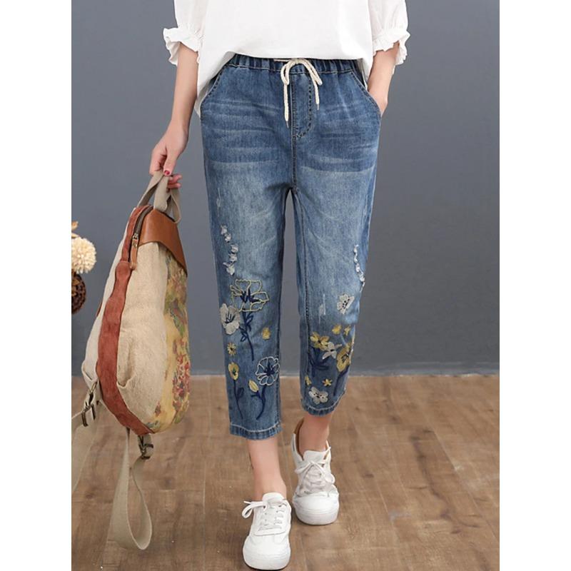 Chinesische Herbstmode Stil Damen Vintage Stickerei Jeans Frauen Casual Floral Denim Hose Zerrissene Haremshose XXXL blau von Joom DACH
