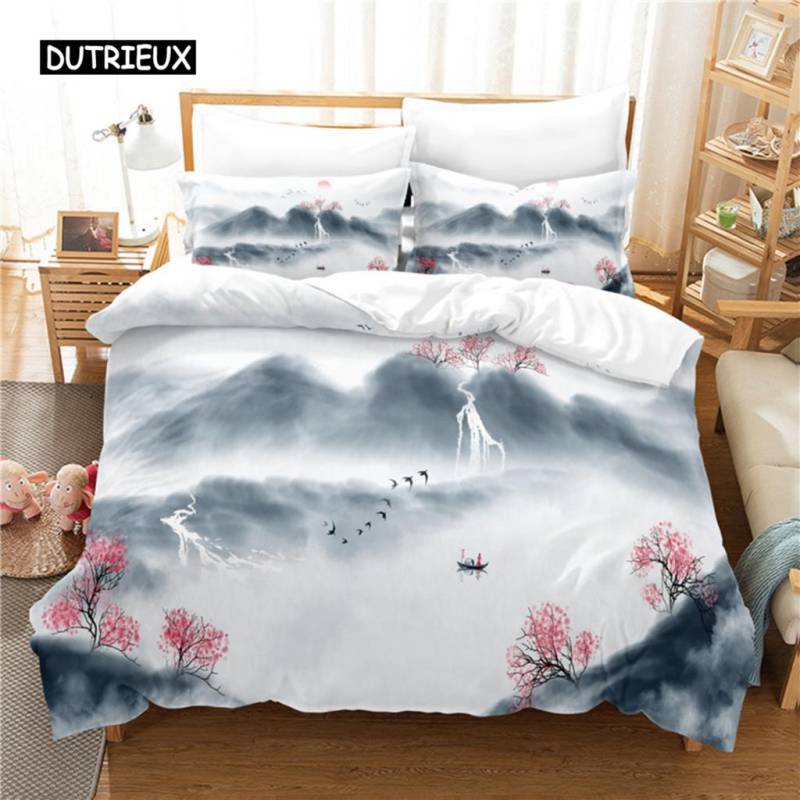 Chinesische Tuschemalerei Bettwäscheset Bettbezugset 3D-Bettwäsche Digitaldruck Bettwäsche Queen-Size-Bettwäscheset Modisches Design EU single(135x200cm) von Joom DACH