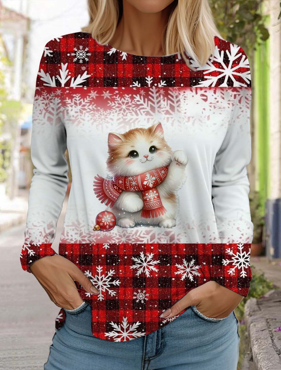 Weihnachten Niedliches Tier Katze Damen Langarm T-Shirt Rundhals Langärmlig Herbst Kleidung Feiertagsmode Party T-Shirt M von Joom DACH
