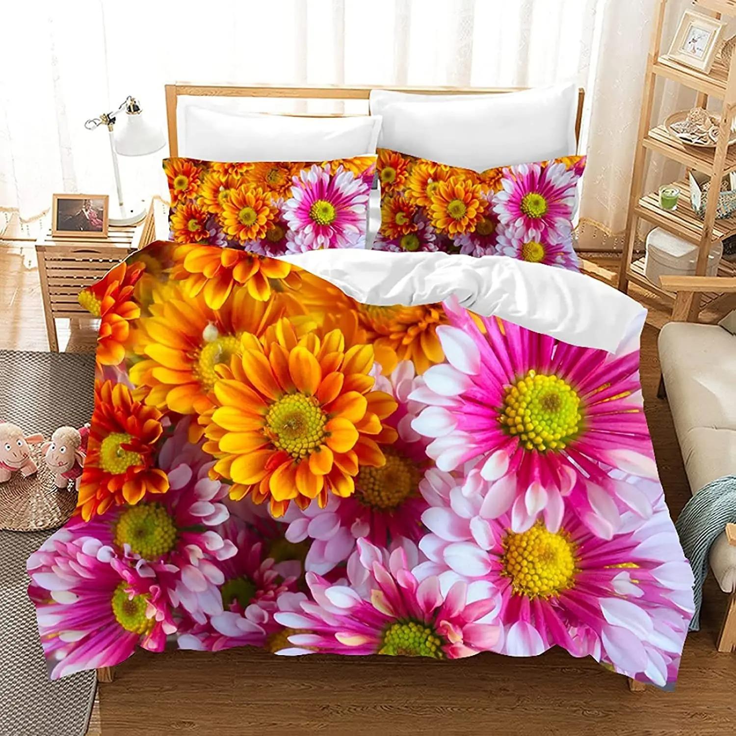 Chrysanthemen Bettbezug Set Buntes Blumenmuster Polyester Bettdeckenbezug Für Kinder Mädchen Bettwäsche Set King Queen Full Size 70x133cm von Joom DACH