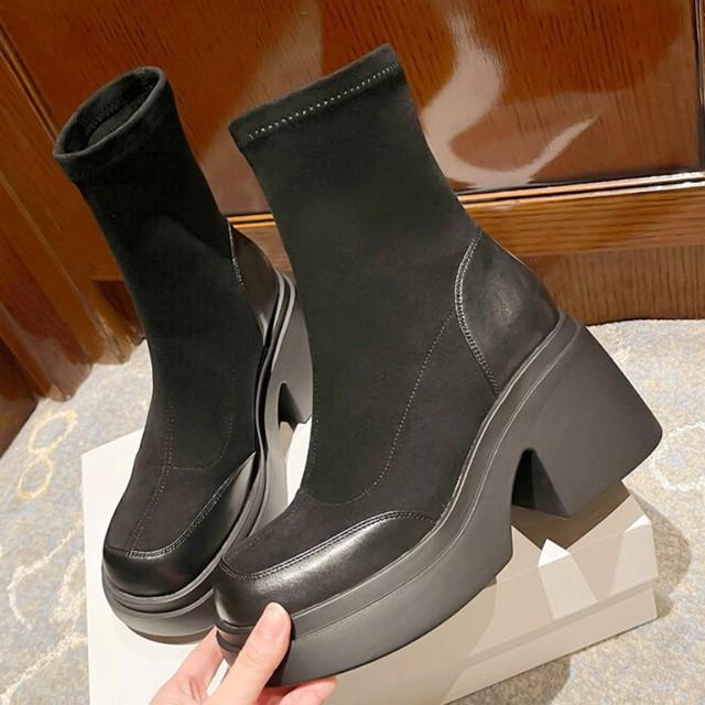 Chunky Chelsea Stiefel Knöchel High Heels Stiefel Frauen Winter Schuhe 2023 Neue Marke Plattform Pumpen Schuhe Goth Motorrad Schnee Botas 39 schwarz von Joom DACH