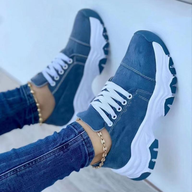 Chunky Sneakers Damenschuhe 2024 Neues Muster Canvasschuh Flache Plattform Solide Schnürung Erwachsene Casual Damen Sportschuhe 40 blau von Joom DACH