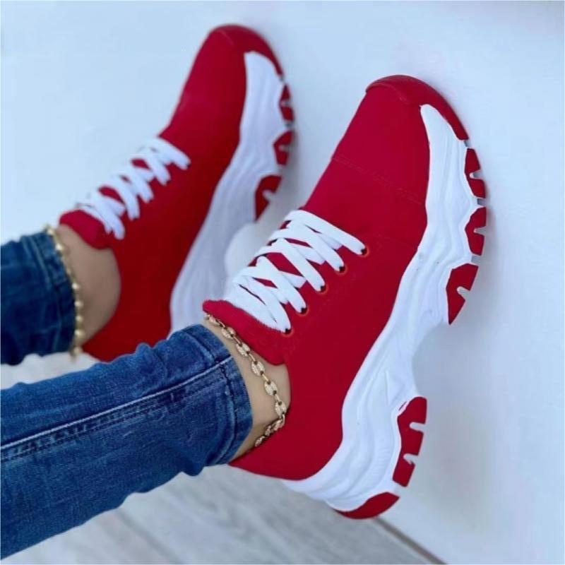 Chunky Sneakers Damenschuhe 2024 Neues Muster Canvasschuh Flache Plattform Solide Schnürung Erwachsene Casual Damen Sportschuhe 41 rot von Joom DACH