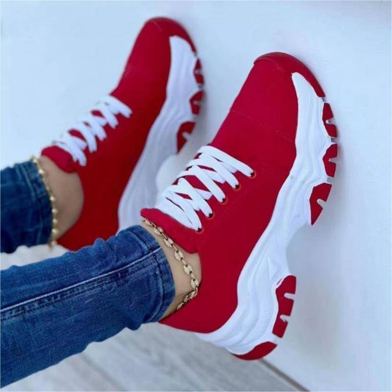 Chunky Sneakers Damenschuhe 2024 Neues Muster Canvasschuh Flache Plattform Solide Schnürung Erwachsene Casual Damen Sportschuhe 41 rot von Joom DACH