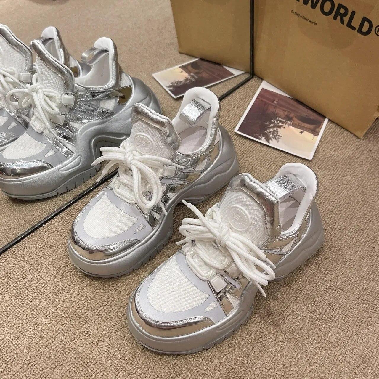 Chunky Sneakers für Damen Frühling Herbst Neue dicke Sohle Vulkanisierte Schuhe Frau Mesh Atmungsaktive Schnür-Plateau-Sneaker 35 von Joom DACH