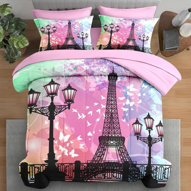 City Vintage Haus Bettwäsche-Set für Kinder und Erwachsene, Eiffelturm Paris Bettlaken-Sets mit Kissenbezügen für Schlafzimmer-Bettdekor 135x200cm von Joom DACH
