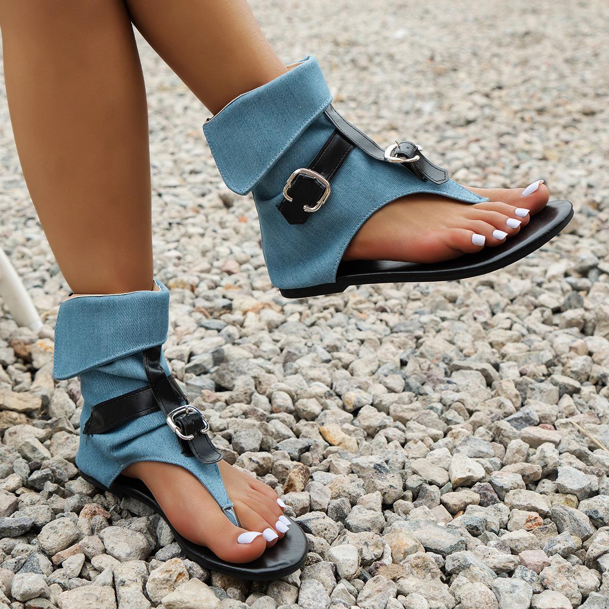 Clip Toe Römersandalen Denim Gürtelschnalle Fischgräten Flache Stiefel Damen Casual Sandalen Hinten Reißverschluss Damen High Top Schuhe Sommer 37 von Joom DACH