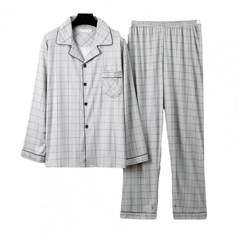 Bequeme Loungewear aus Milchseide Stilvolles Herren-Herbst-Winter-Pyjama-Set Gestreiftes Karomuster Farblich passendes Revers Einreihig Lang L grau von Joom DACH