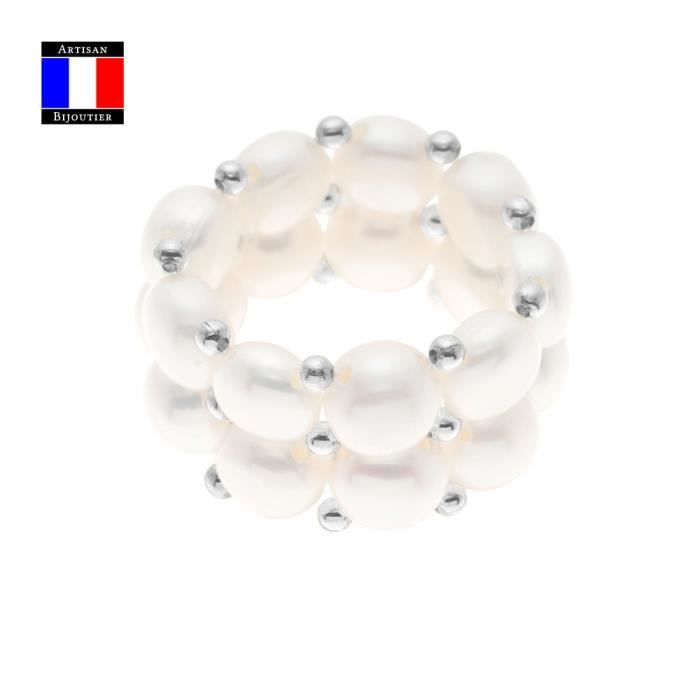 Compagnie Générales des Perles – 2-reihiger Ring – echter weißer Knopf aus Süßwasser-Zuchtperle – verstellbare Größe – Damenschmuck von Joom DACH