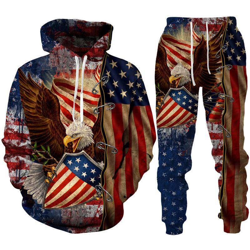 Coole USA-Flagge Eagle 3D gedruckt Hoodie/Anzug Männer Frauen Sweatshirts + Jogginghose Outfit Set Jogger Mode Hip Hop Streetwear Kleidung L von Joom DACH