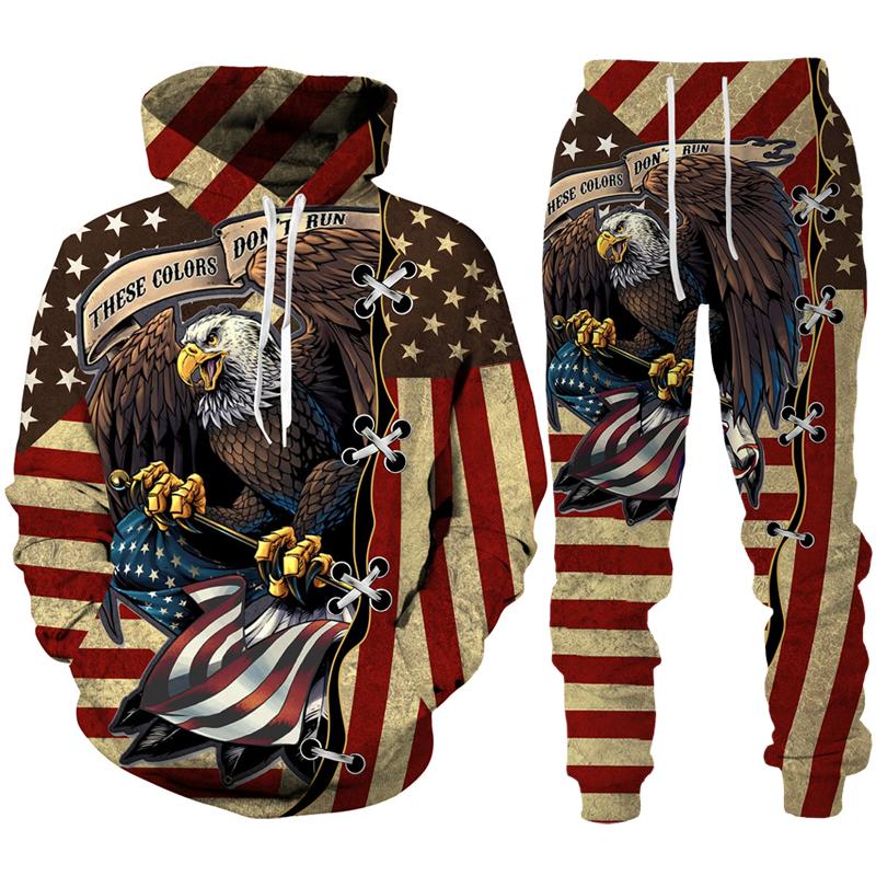 Coole USA-Flagge Eagle 3D gedruckt Hoodie/Anzug Männer Frauen Sweatshirts + Jogginghose Outfit Set Jogger Mode Hip Hop Streetwear Kleidung S von Joom DACH
