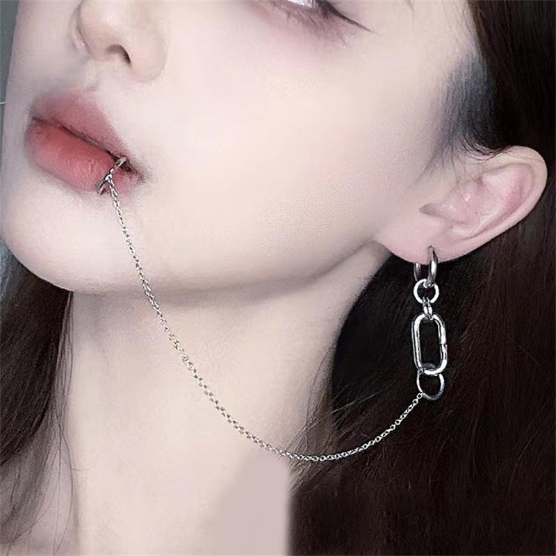 Cooler Stil Fake Piercing Lippenclip Ohrring Punk Kette verbundene Ohrringe Klapplippenring für Frauen Männer Schmuck Zubehör von Joom DACH