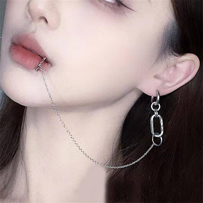Cooler Stil Fake Piercing Lippenclip Ohrring Punk Kette verbundene Ohrringe Klapplippenring für Frauen Männer Schmuck Zubehör von Joom DACH