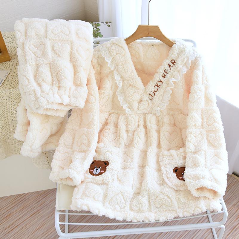Coral Fleece Pyjama 2-teilig Loungewear Warmer Flanell Pyjama Anzug Kawaii Mädchen Heimkleidung Lockere Nachtwäsche Niedliche Bären Nachtwäsche XL beige von Joom DACH