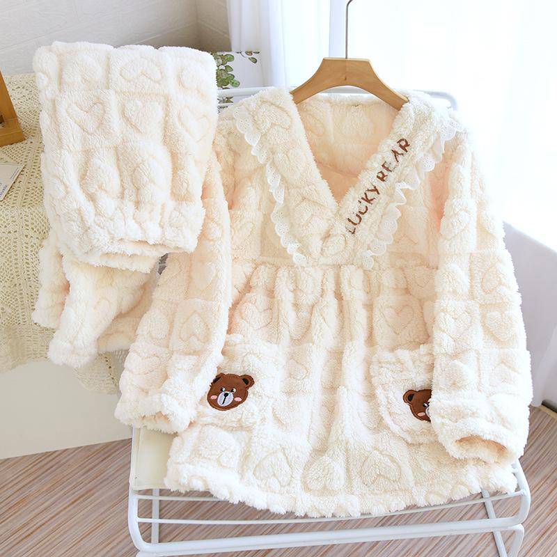 Coral Fleece Pyjama 2-teilig Loungewear Warmer Flanell Pyjama Anzug Kawaii Mädchen Heimkleidung Lockere Nachtwäsche Niedliche Bären Nachtwäsche XL beige von Joom DACH