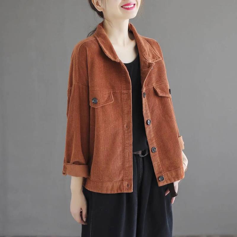 Cord Kurze Jacke frauen Frühling und Herbst Einfarbig Revers Lose Kleine Casual Fleece Top Retro XXL kaffeebraun von Joom DACH