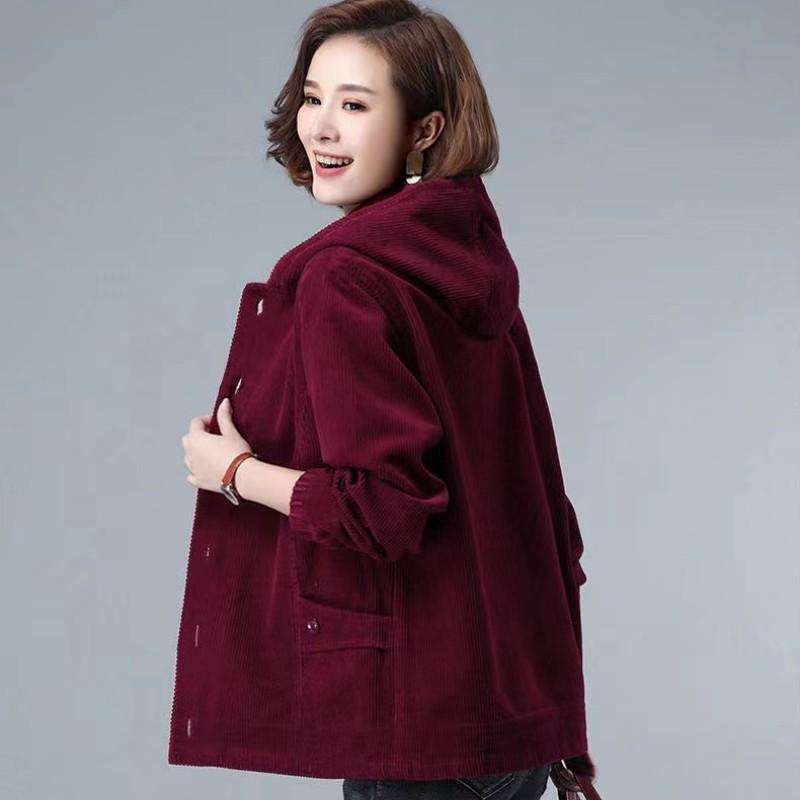 Cord-Kurzmantel für Damen, Frühling und Herbst, koreanische Version von lockerer, einfarbiger Kapuzenmantel, modisch, lässig, weiblicher Reißverschlussmantel XL ziegelrot von Joom DACH
