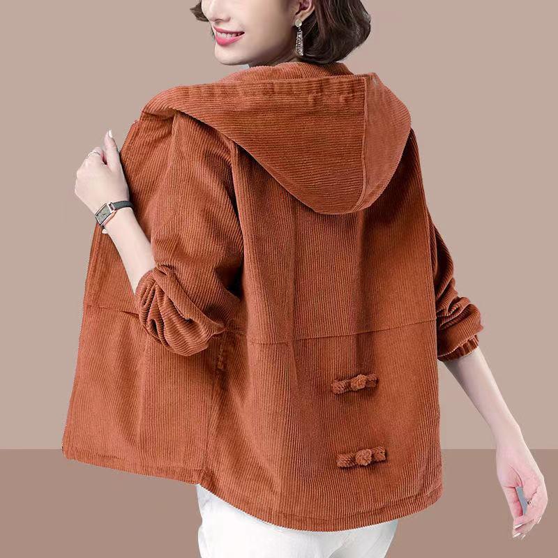Cord-Kurzmantel für Damen, Frühling und Herbst, koreanische Version von lockerer, einfarbiger Kapuzenmantel, modisch, lässig, weiblicher Reißverschlussmantel XXL braun-creme von Joom DACH