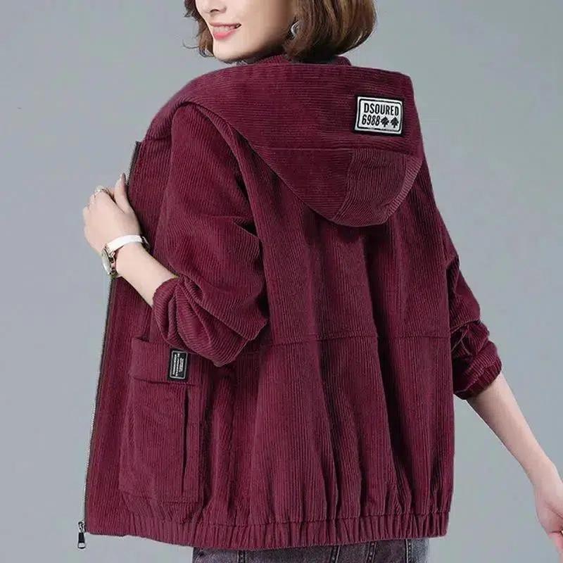 Cord-Kurzmantel für Damen, Frühling und Herbst, koreanische Version von lockerer, einfarbiger Kapuzenmantel, modisch, lässig, weiblicher Reißverschlussmantel XXL rot von Joom DACH