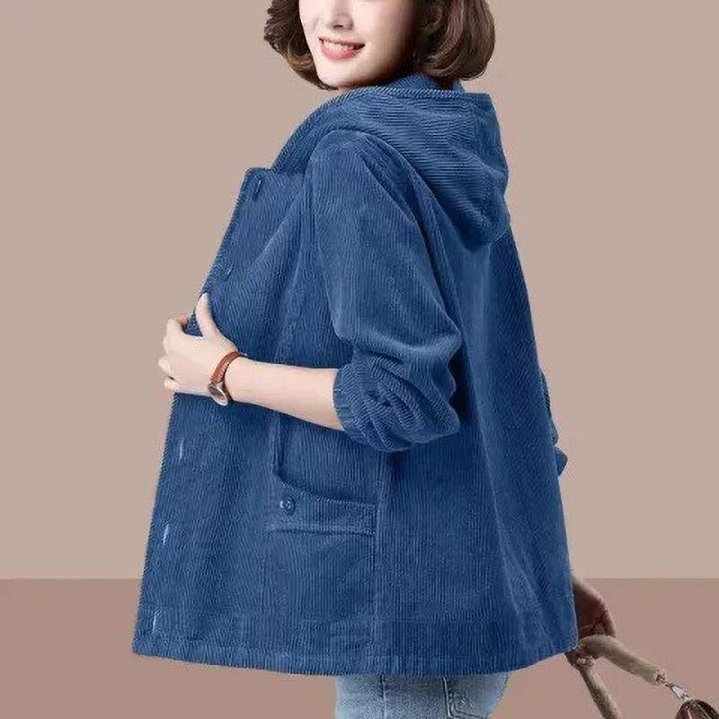 Cord-Kurzmantel für Damen, Frühling und Herbst, koreanische Version von lockerer, einfarbiger Kapuzenmantel, modisch, lässig, weiblicher Reißverschlussmantel XXL saphirblau von Joom DACH