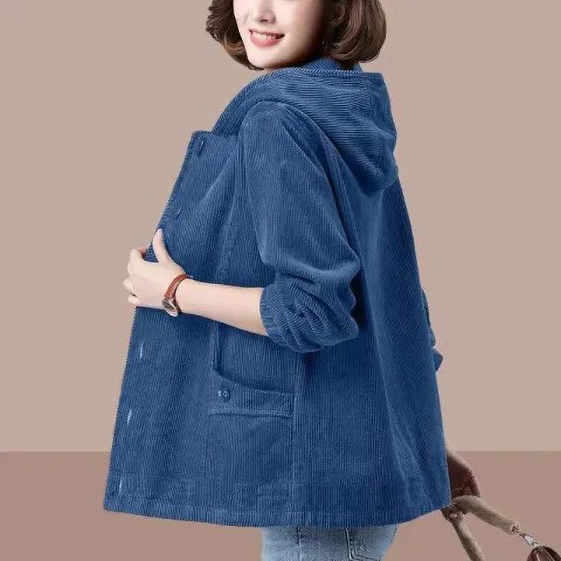Cord-Kurzmantel für Damen, Frühling und Herbst, koreanische Version von lockerer, einfarbiger Kapuzenmantel, modisch, lässig, weiblicher Reißverschlussmantel XXXL saphirblau von Joom DACH