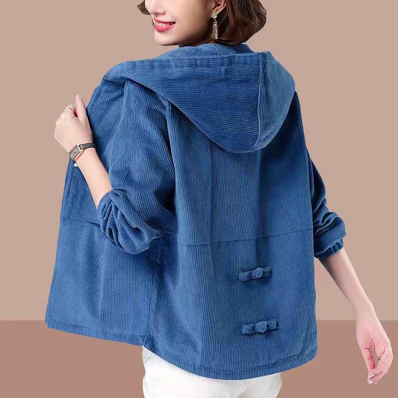 Cord-Kurzmantel für Damen, Frühling und Herbst, koreanische Version von lockerer, einfarbiger Kapuzenmantel, modisch, lässig, weiblicher Reißverschlussmantel XXXL von Joom DACH