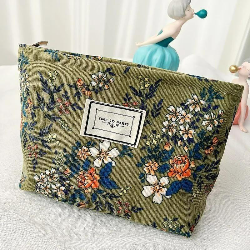 Cord-Make-up-Tasche, Organizer, Clutch, Retro-Blumendruck, Kosmetiktasche, Waschtasche, Damen, Reise-Make-up-Tasche, Beauty-Toiletten-Aufbewahrungskoffer von Joom DACH