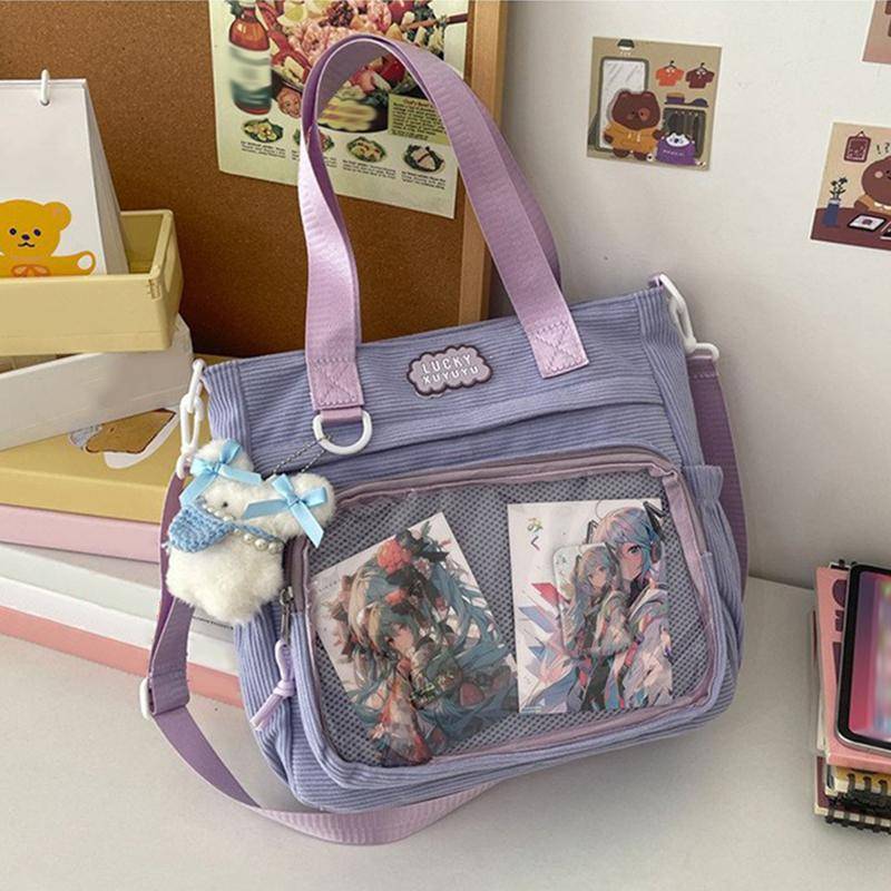 Corduroy College Style Vielseitige, einfache Messenger Bag mit großem Fassungsvermögen 2D Anime Style Süße transparente Umhängetasche Umhängetasche für Schüler im Unterricht no pendant violett von Joom DACH