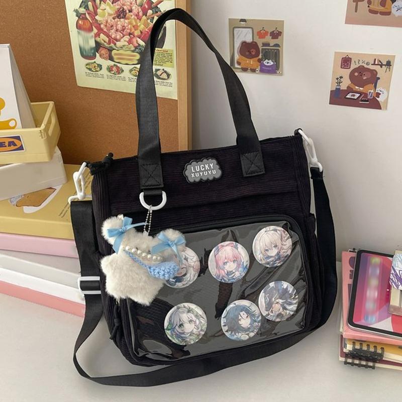 Corduroy College Style Vielseitige, einfache Messenger Bag mit großem Fassungsvermögen 2D Anime Style Süße transparente Umhängetasche Umhängetasche für Schüler im Unterricht pendant schwarz von Joom DACH