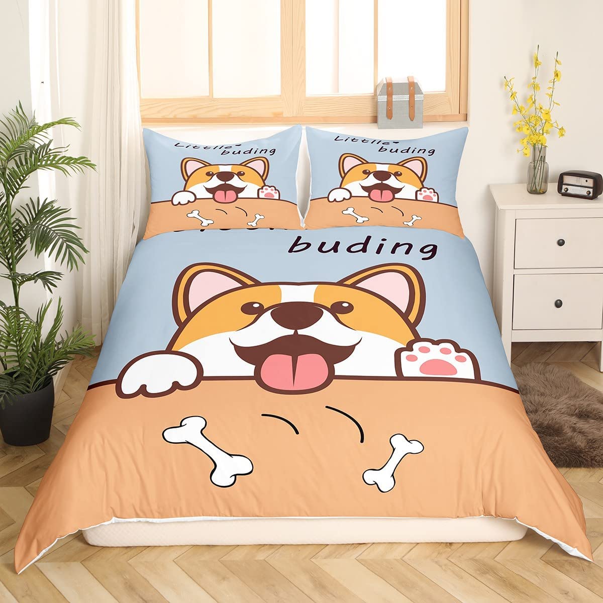 Corgi Bettbezug-Set King Queen Größe Polyester Bettdeckenbezug für Kinder Jungen Mädchen Bettwäsche-Set mit Kissenbezug Niedlicher Kawaii Hund EU single(135x200cm) von Joom DACH