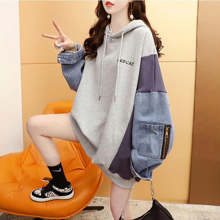 Cowboy Patchwork Kapuzenpullover Damen Lässiger Kapuzenpullover Herbst Winter Mode Langarm Pullover M grau von Joom DACH