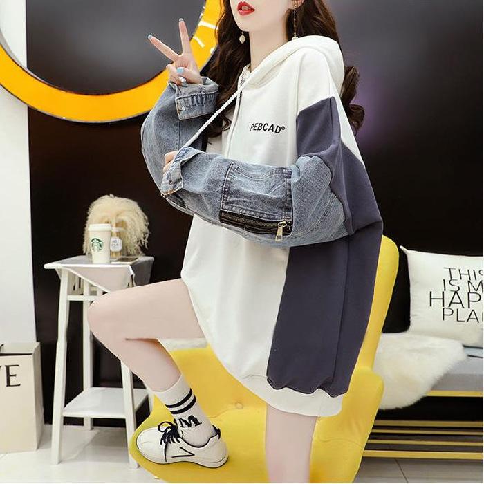 Cowboy Patchwork Kapuzenpullover Damen Lässiger Kapuzenpullover Herbst Winter Mode Langarm Pullover XXL weiß von Joom DACH