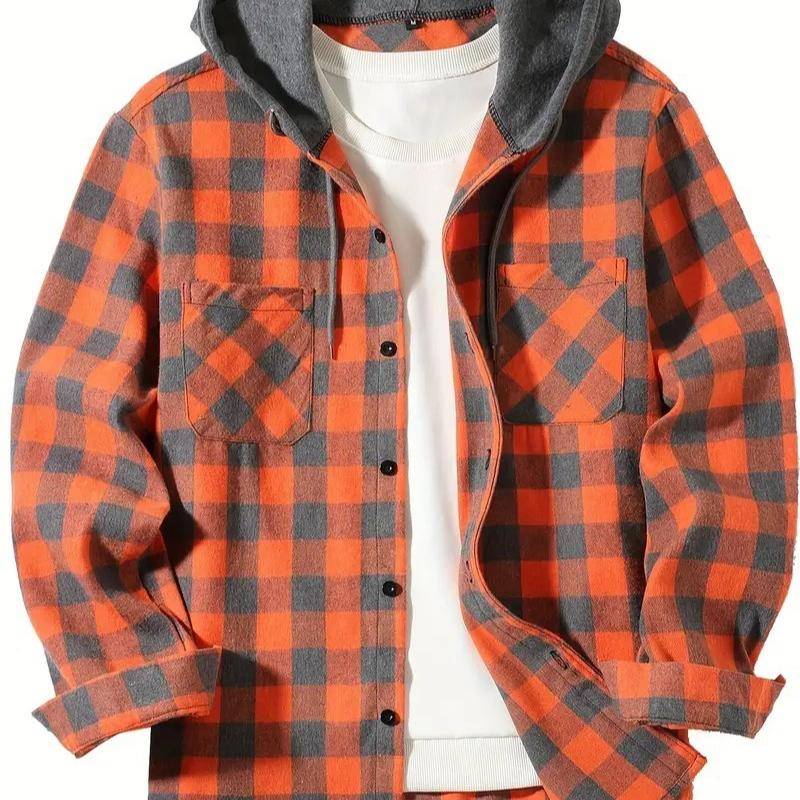 Cozy Up Herren Flanell Hoodie Hemden Lässig Button-Down Kariertes Hemd für Männer Langarm Stilvoll mit Kapuze mit Tasche 3XL orange von Joom DACH